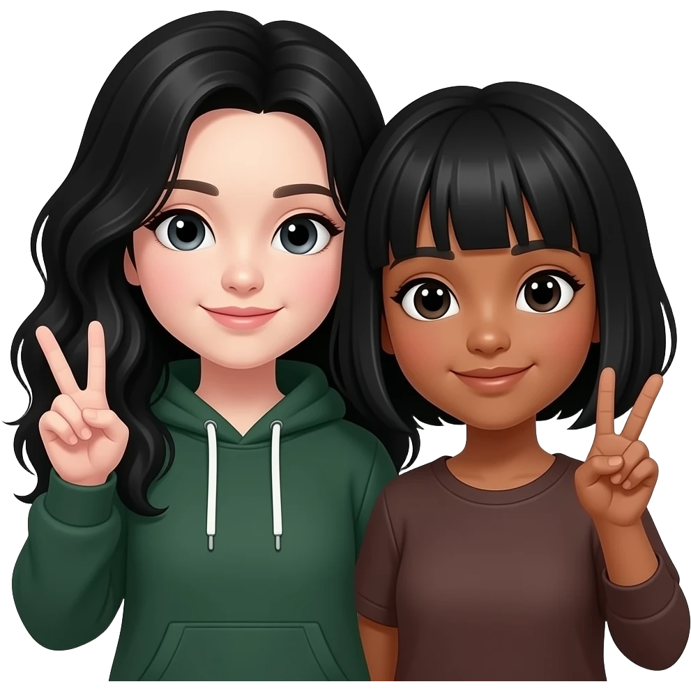 a wihte girl w dark green hoddie, black wavy tall hair w making the ✌🏻 another White, slightly dark brown  girl w black short hair n bangs making the ✌🏻 w her n there close to each other emoji