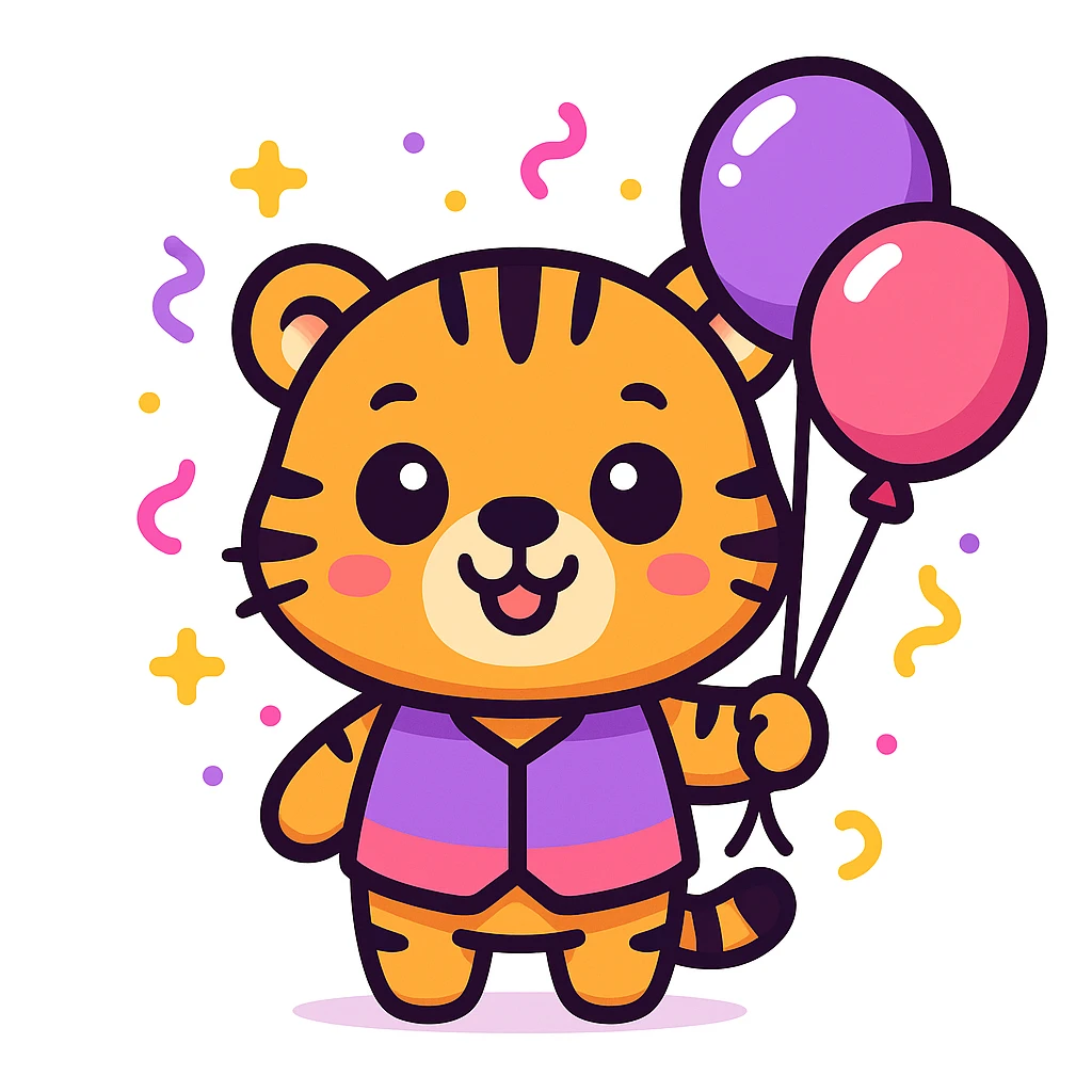 cute cartoon-style male tiger mascot with neotenic features: large round head, big shiny eyes, small nose and mouth, short arms and legs, chubby body, smiling happily, standing upright, wearing a purple and fuchsia vest or shirt, holding balloons, surrounded by soft party elements like confetti, bold outlines, soft colors purple to fuchsia gradient, gold accents, white, clean vector style, extremely cute, evokes tenderness, plain white background emoji