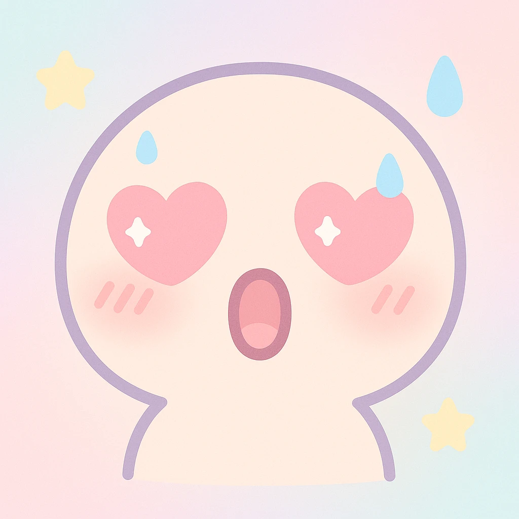 moaning mouth with heart eyes, blushing cheeks, and sweat drops, expressive kawaii style emoji