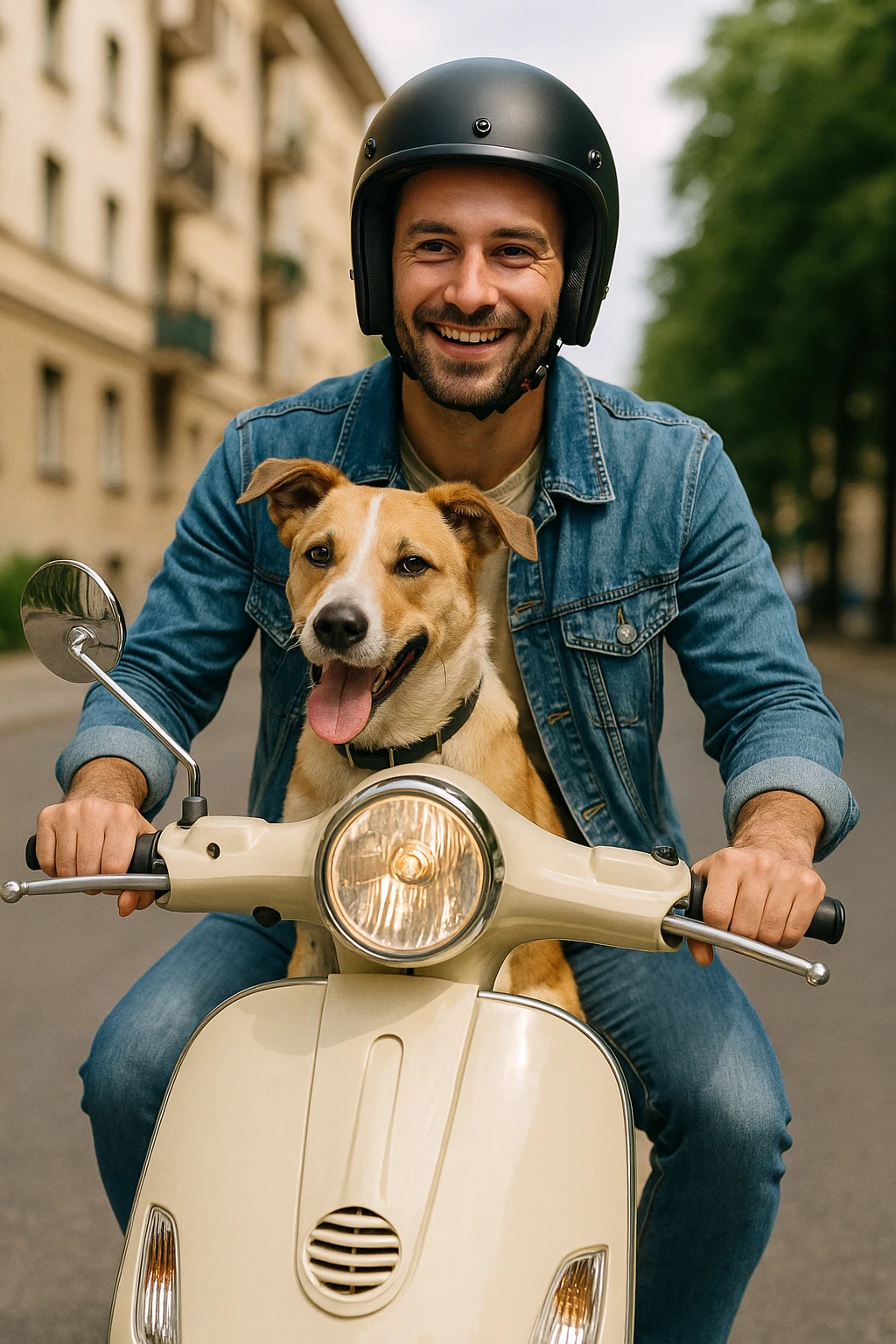 man and his pet dog riding a vespa emoji