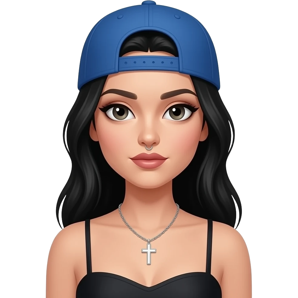 Faz uma mulher de cabelos longos e longos pretos, com cor de pele branca uma maquiagem bonita um piercing no nariz, um boné azul pra trás e com e um colar de uma cruz, e uma blusa de alcinha preta olhos grandes, emoji