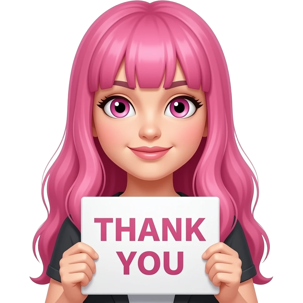 sexy girl with long pink hair and pink eyes holding a THANK YOU sign emoji