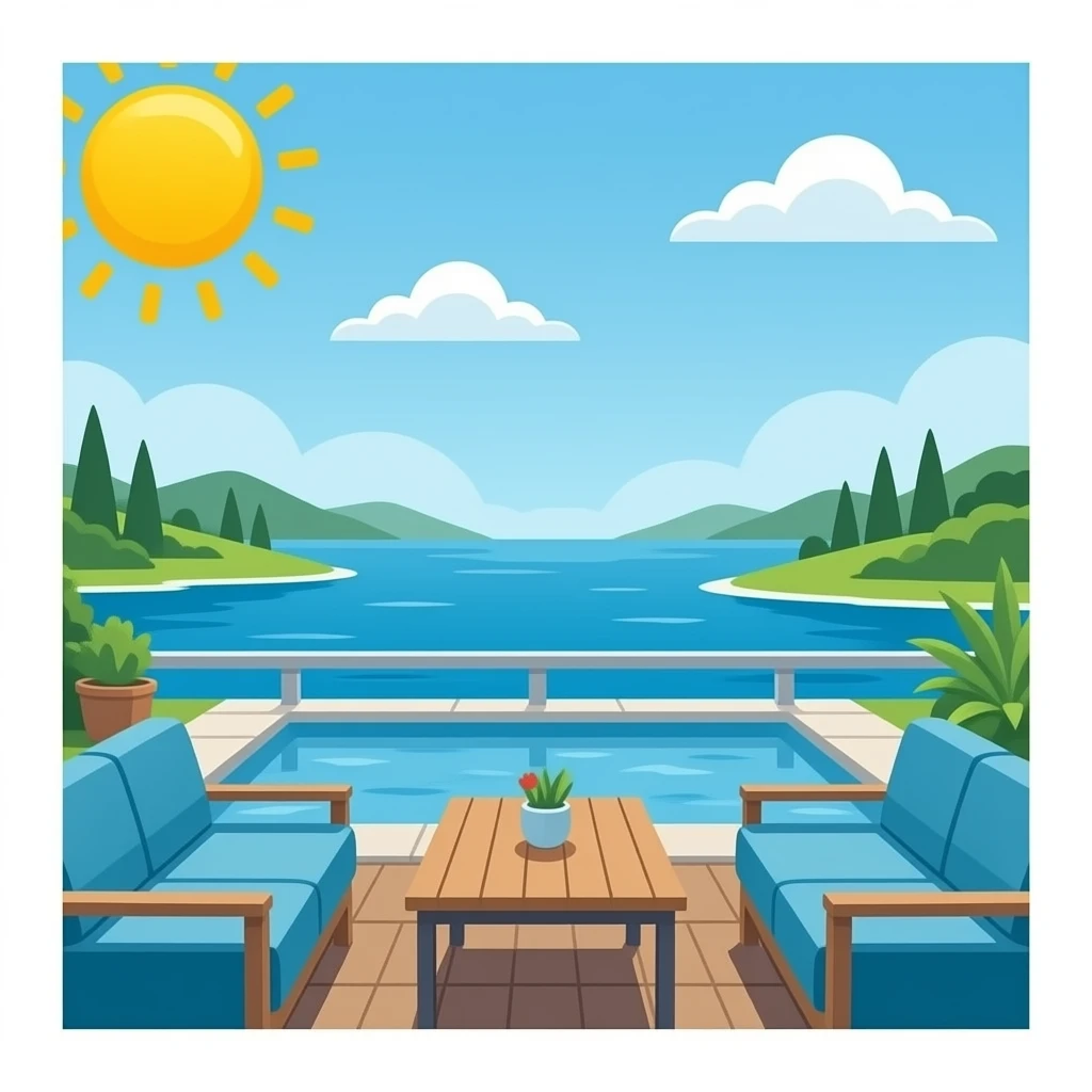 Novo Restaurant & Lounge: 3D emoji style, glossy surface, soft shadows, white background, centered, no text, creek-side patio, relaxed upscale vibe, ocean blue and teal tones, emoji