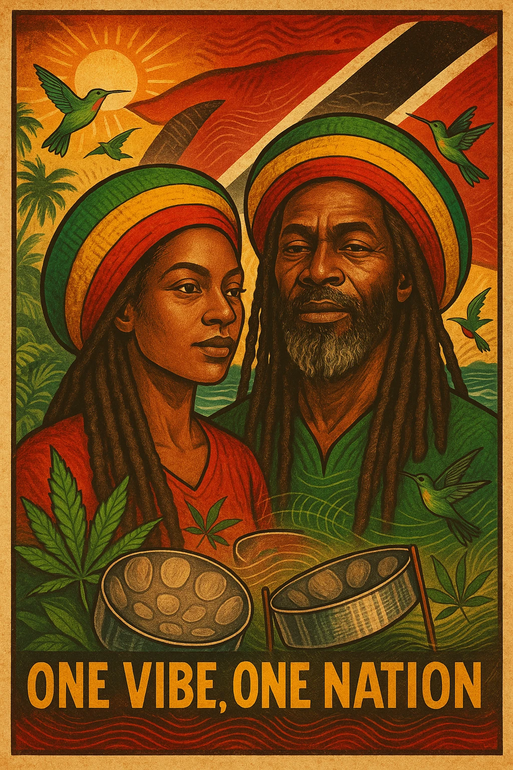 Create a vibrant digital illustration in vintage poster style featuring a proud Trinidadian Rasta man and woman with long dreadlocks and a bold red, gold, and green tam. The background should incorporate the Trinidad and Tobago flag in a stylized, textured way — using deep red, black, and white tones that blend with tropical elements. Surround the figure with iconic cultural symbols like steelpan drums, ganja leaves, and hummingbirds in flight. Add warm Caribbean sunlight, ocean waves, and lush greenery to enhance the island energy. The Rasta man should radiate peace, power, and island wisdom — with bold facial features, calm expression, and a sense of spiritual presence. The overall tone should be rootsy, regal, and rich with island soul — merging reggae culture with Trinidadian pride. Optional accents: subtle soca rhythm lines in the background or a quote like “One Vibe, One Nation.” emoji