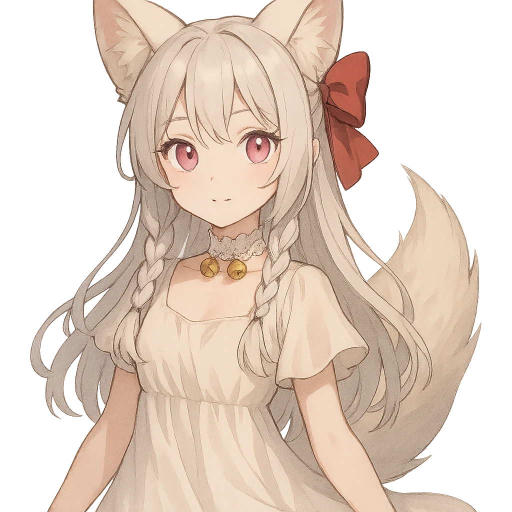 A girl fox spirit named QT with charming features, pink irises, pale skin, silver white hair parted in the middle into two braids with loose hair, a big red ribbon bow at the back of her head, wearing a flowy dress and a white lace choker with bells. emoji