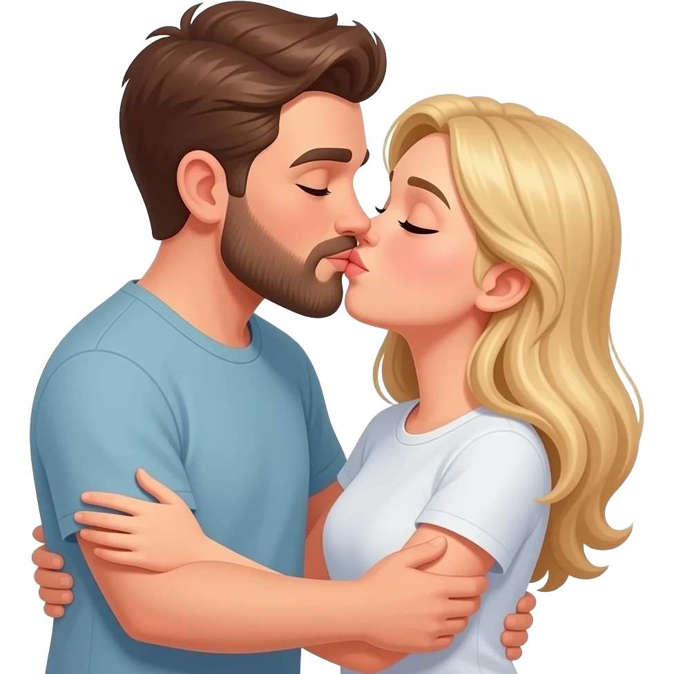 While hugging a Man with brown hair and beard kissing blonde woman. The woman is wearing a T-shirt and kissing the man also. emoji