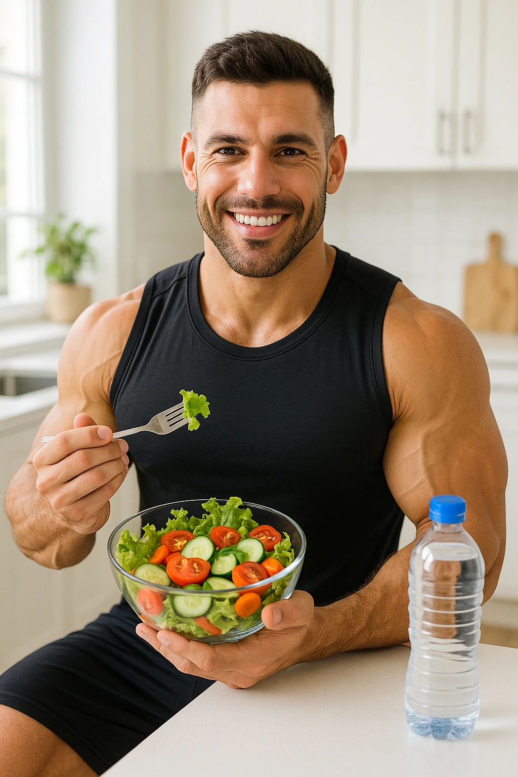 "Un uomo bodybuilder (30-35 anni) che migliora la sua composizione corporea e mangia sano emoji
