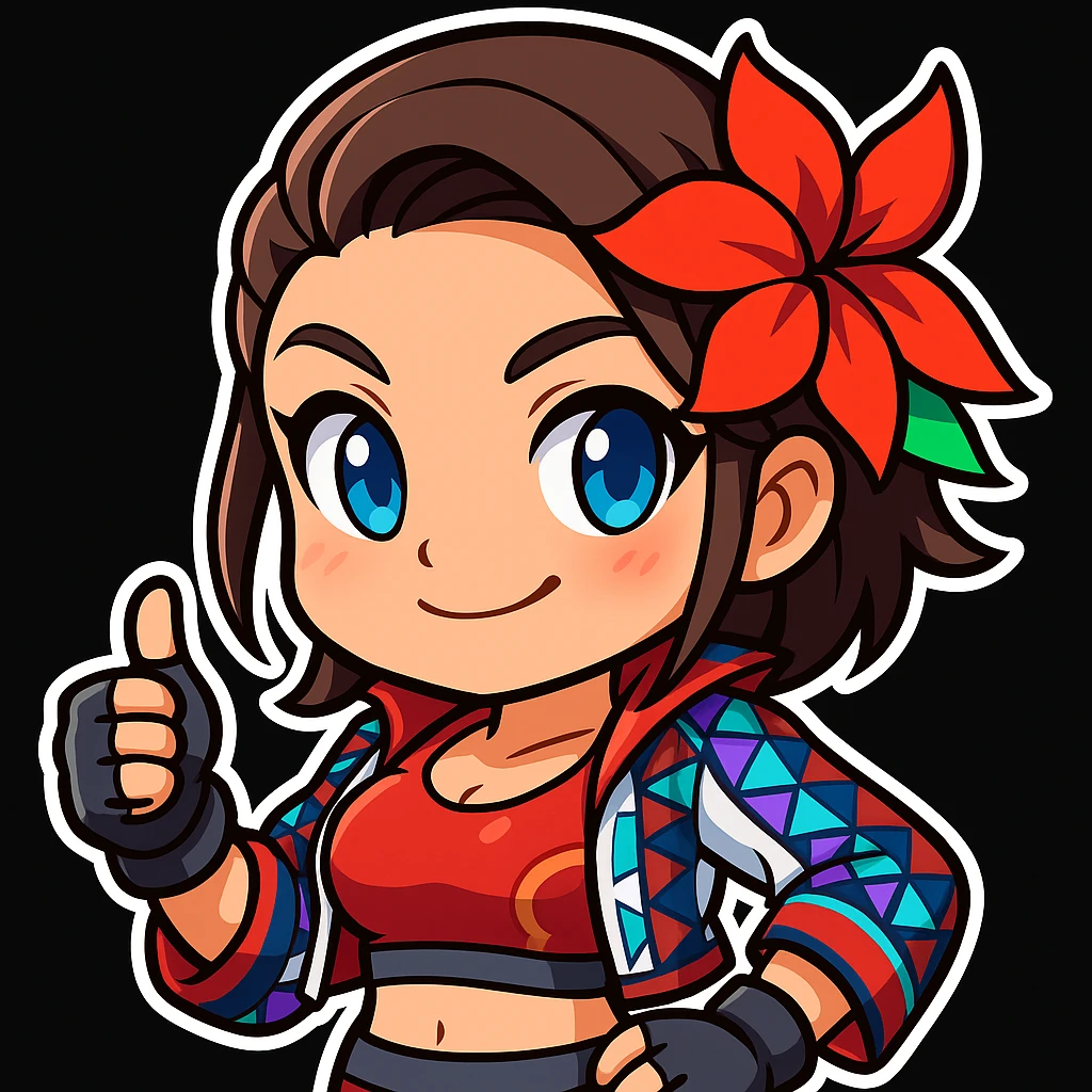 Azucena from Tekken 8 in chibi sticker style, giving thumbs up with a confident smile, standard Twitch emote, wearing her detailed red and patterned outfit as shown in the reference images. emoji