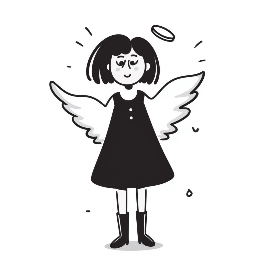 gothic girl with fair skin and short brown hair, angel wings and a halo, hand-drawn doodle style emoji