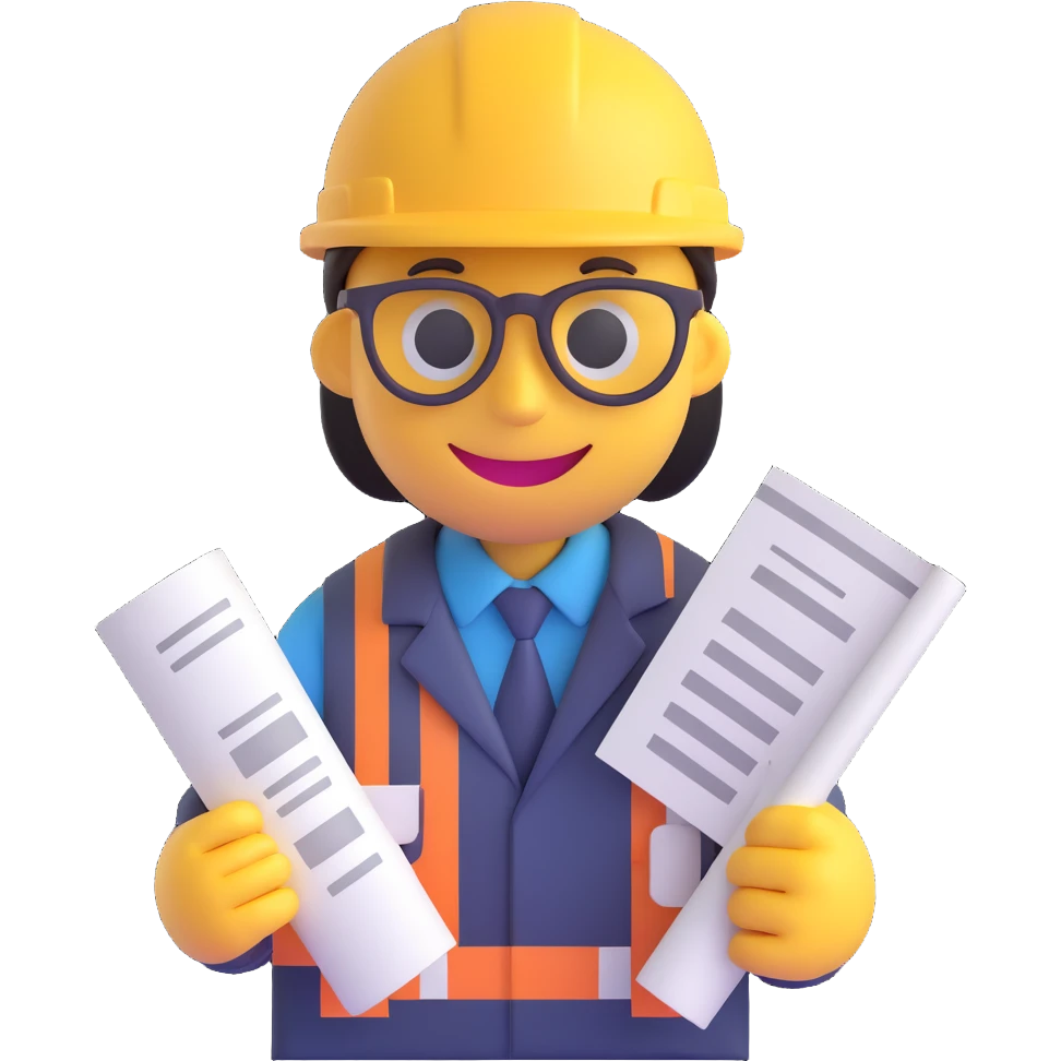 3D smiley emoji, round shape, architect face with architect hat and blueprint, text 'Arcépítész' emoji