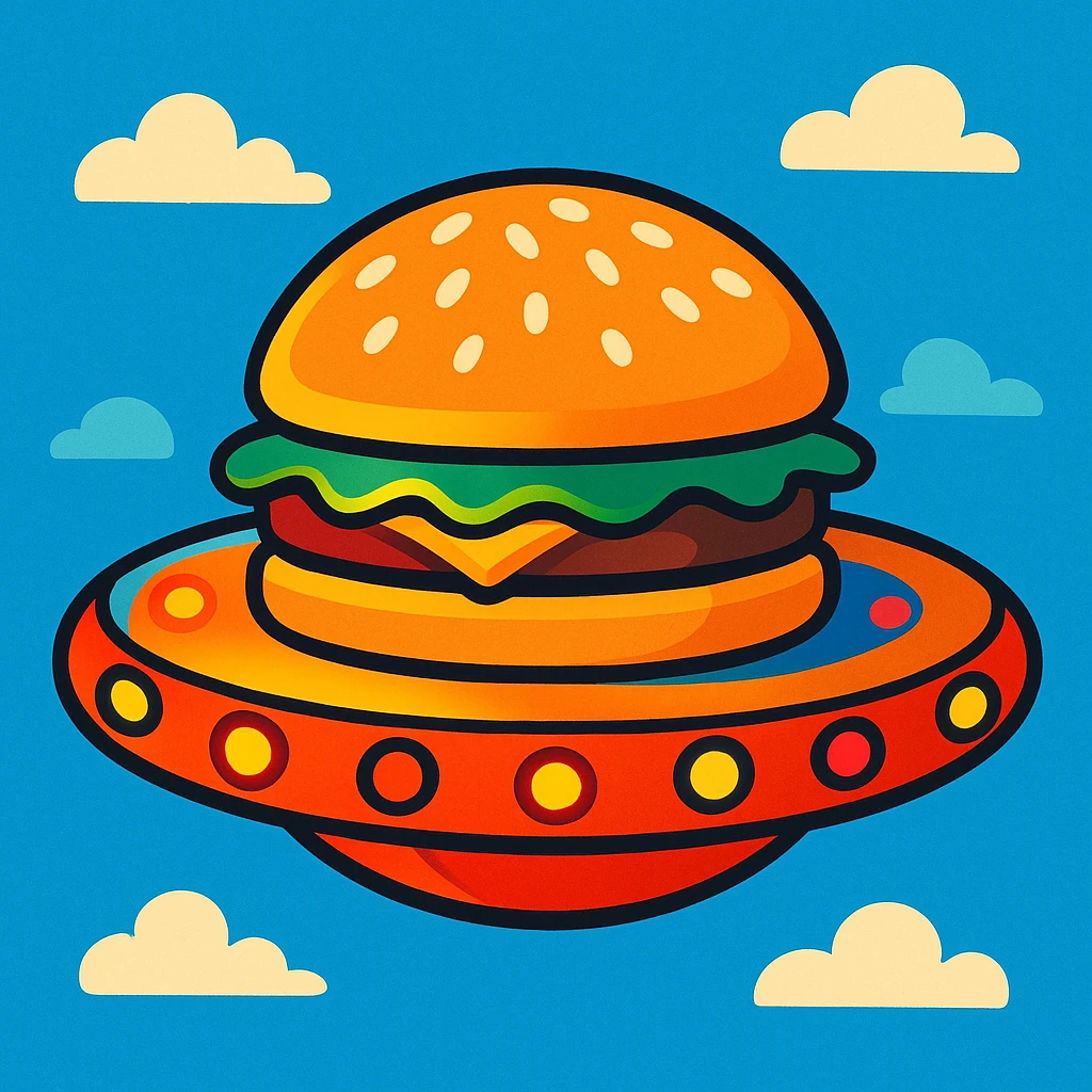 whimsical and playful UFO shaped like a burger, glowing lights, sesame seed bun top, floating in the sky emoji
