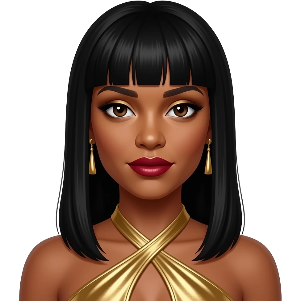 LeToya Luckett from Destiny's Child with dark brown eyes, long black bang hair, gold eyeshadow, dark red lipstick, gold metallic halter dress, earrings emoji