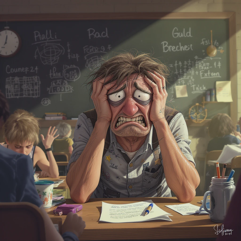 digital cartoon art of a exhausted teacher in a bustling classroom emoji