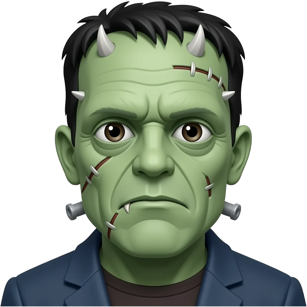 Frankenstein’s monster with blank expression, stitched face and bolts on forehead, no horns emoji