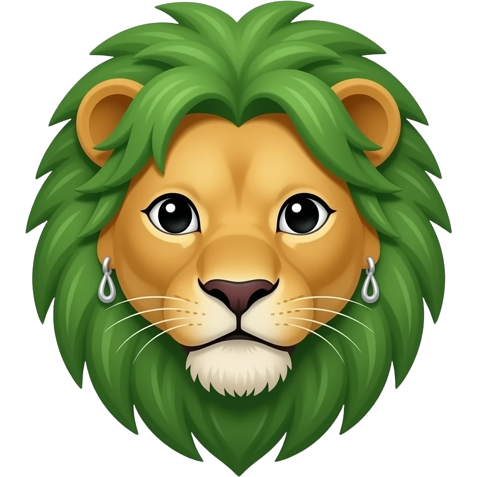 lion with green hair and earrings face front emoji