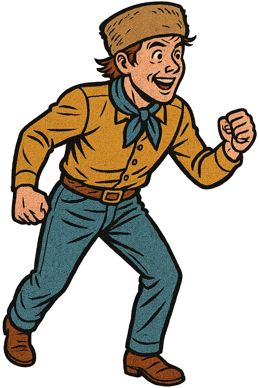 The full body of a young male 1860s American settler in the American West looking excited and about to start a race standing up straight emoji