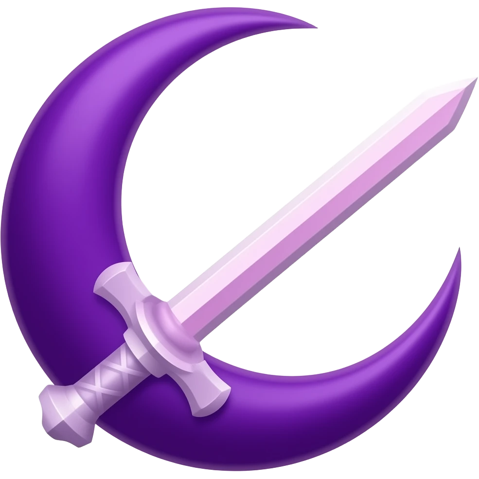 Glowing dark purple detailed crescent moon with an elegant detailed glowing transparent sword, emoji style. The sword is positioned so that the blade points away from the moon and the hilt faces toward the moon (blade facing outward, not toward the moon). Soft violet and pink glow emoji