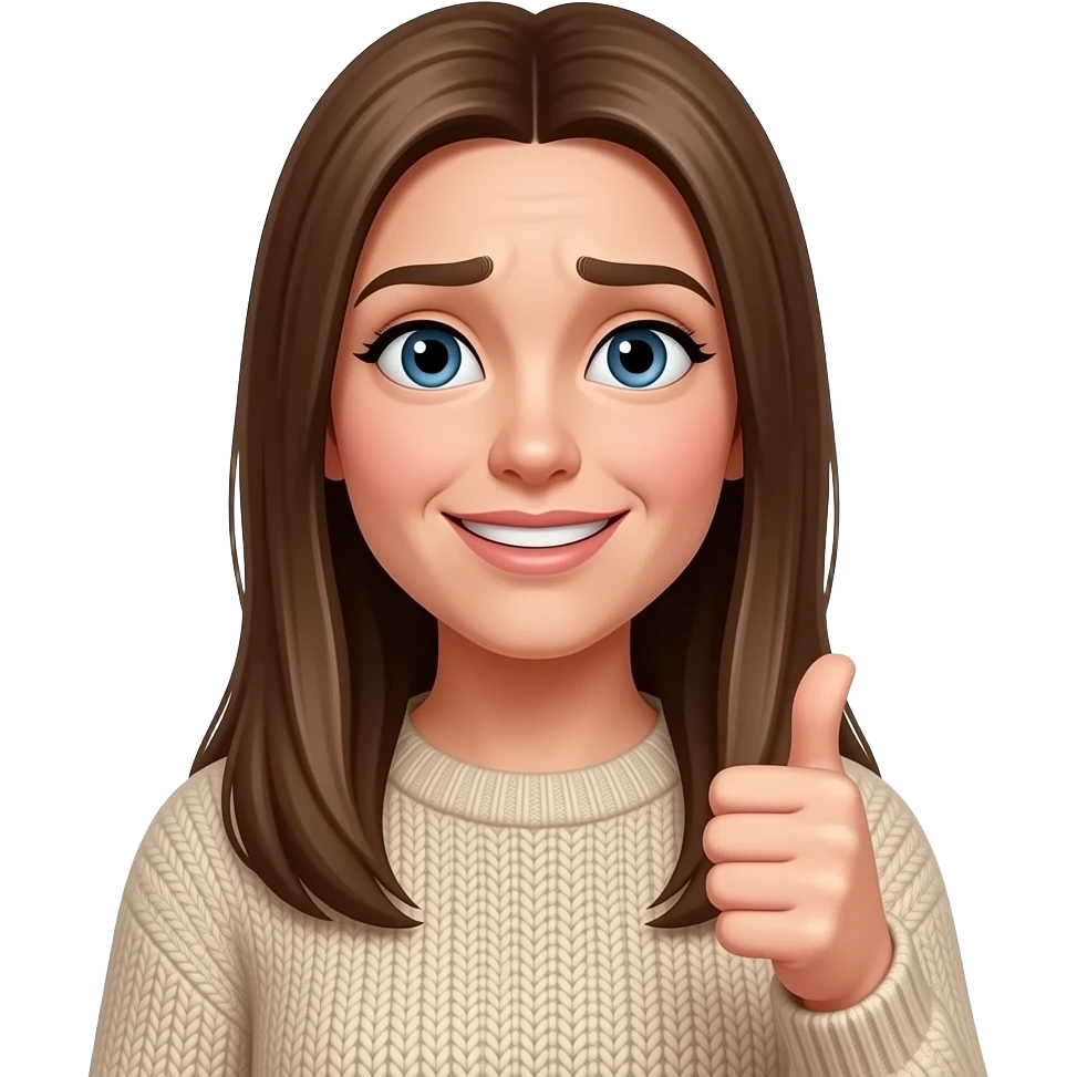 Woman. Long straight Brown hair. Blue Eyes. Beige sweater. Happy but confused with an eyebrow raised with a thumbs up emoji