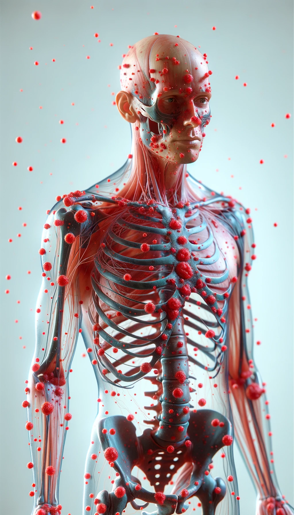 CORPO UMANO ANATOMICO CON RED SPOT DI INFIAMMAZIONE SPARSI SUL CORPO, SFONDO CHIARO, iperrealistico 4k emoji
