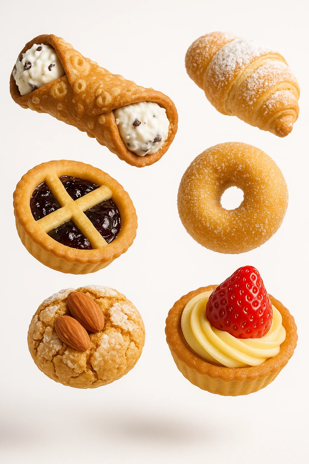 dolci preconfezionati italiani fluttuano in aria, realistico 4k sfondo bianco emoji