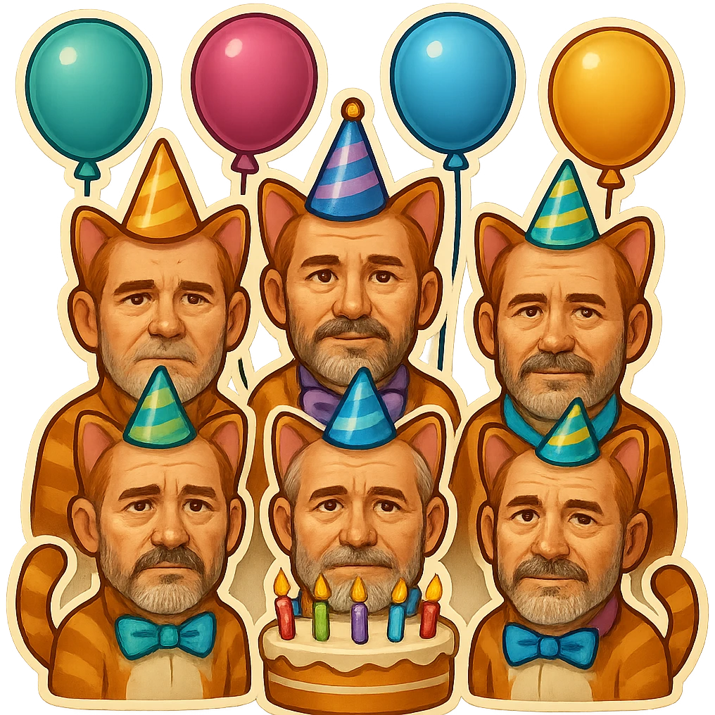 Make the six cats look more like men in their forties, with subtle masculine facial features, mature expressions, and hints of age, while keeping the festive birthday party emoji style. Preserve the transparent background. emoji
