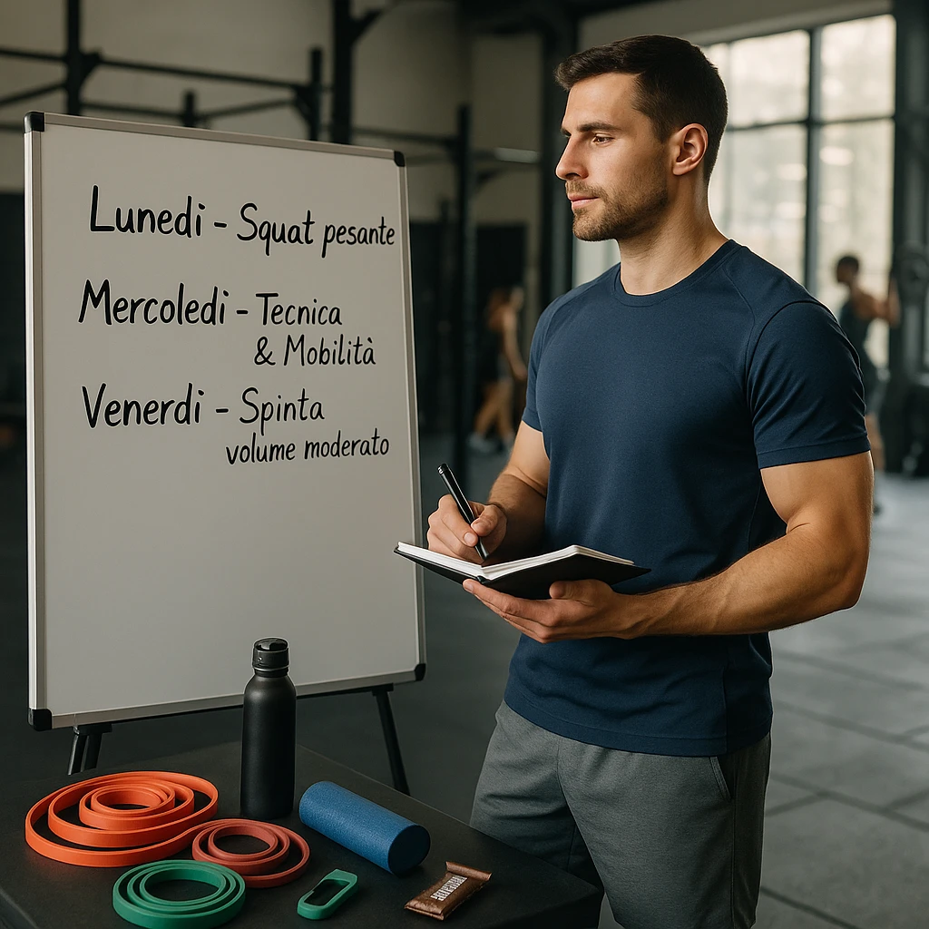 Athletic 30-year-old man in a modern gym, near a whiteboard with a weekly plan in Italian: 'Lunedì – Squat pesante', 'Mercoledì – Tecnica & Mobilità', 'Venerdì – Spinta volume moderato'. He observes the plan calmly, wearing sportswear, holding a pen and notebook. Around him: resistance bands, mobility tools, water bottle, protein bar. Strong and relaxed posture. Other athletes in the background. Natural light, fitness-lifestyle style, slightly cinematic. emoji