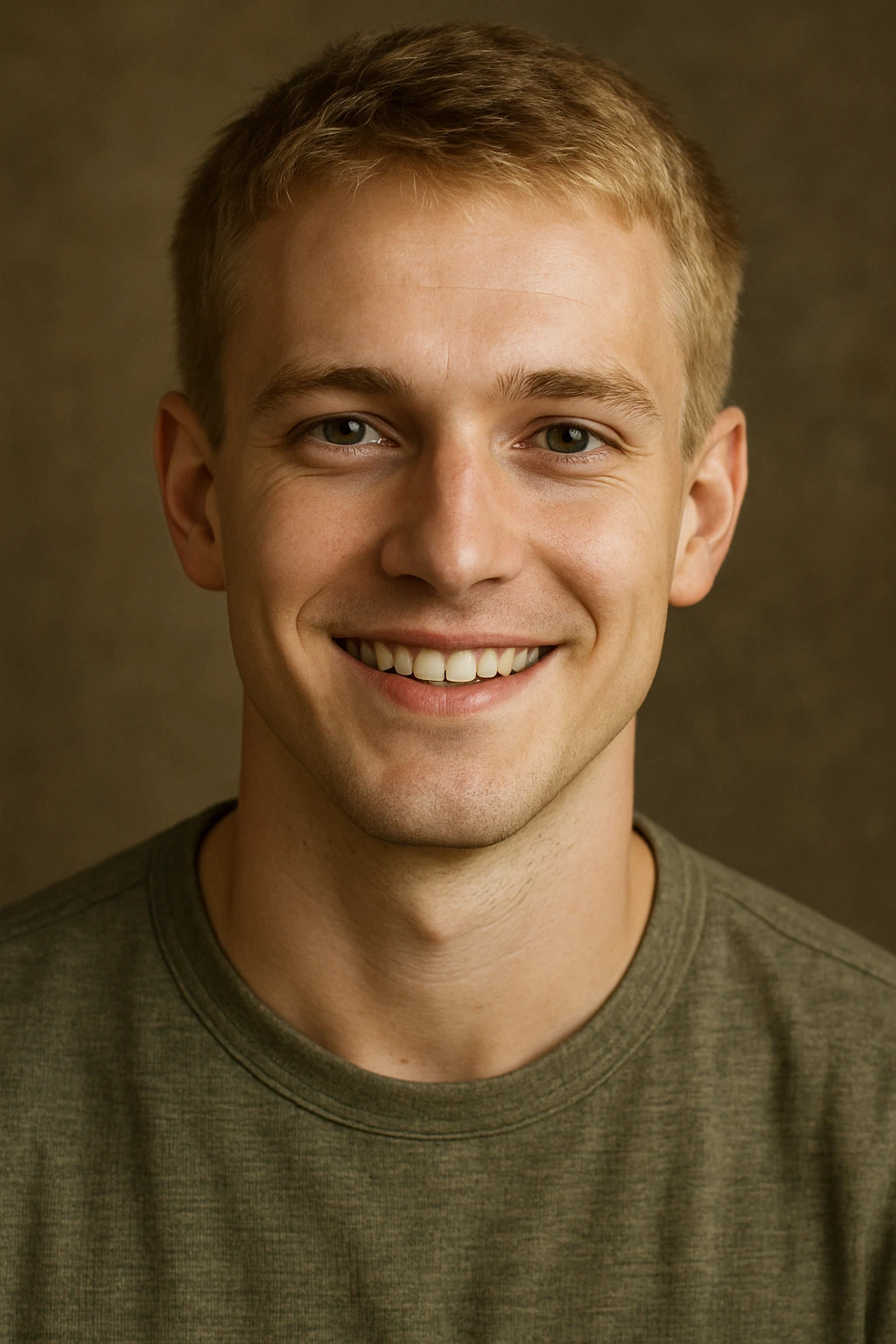 young man with short blond hair and green eyes, smiling emoji