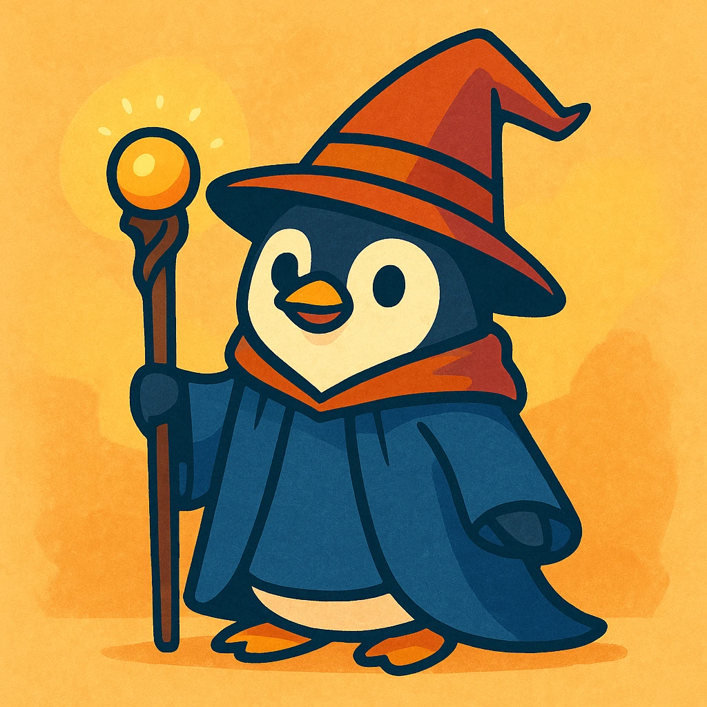 a penguin dressed as a wizard, with a pointy hat and a magic staff, charming and whimsical style emoji