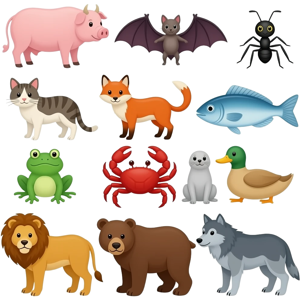 Cow, pig, bat, ant, cat, fox, fish, frog, crab, seal, duck, Lion, Bear, wolf, emoji