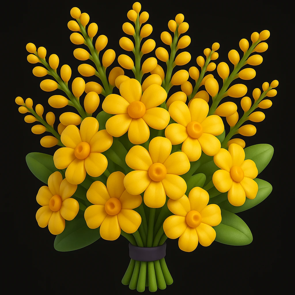 Enhance the bouquet of yellow yarrow flowers in a cartoon 3D style by adding more volume and depth. Make the flowers and leaves as rounded and expressive as possible, without any faces or smiles. Maintain the style as gpt-image-1-xV0cMQyD3gM. emoji