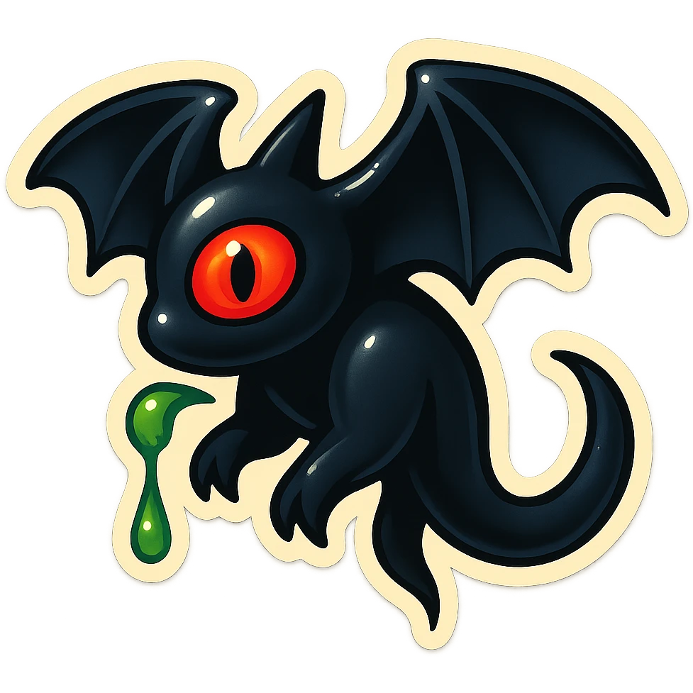an all black reptilian bat-like creature. One cyclopian red eye in its face. no visible mouth or ears. has a long tale with a stinger that drips green poison emoji