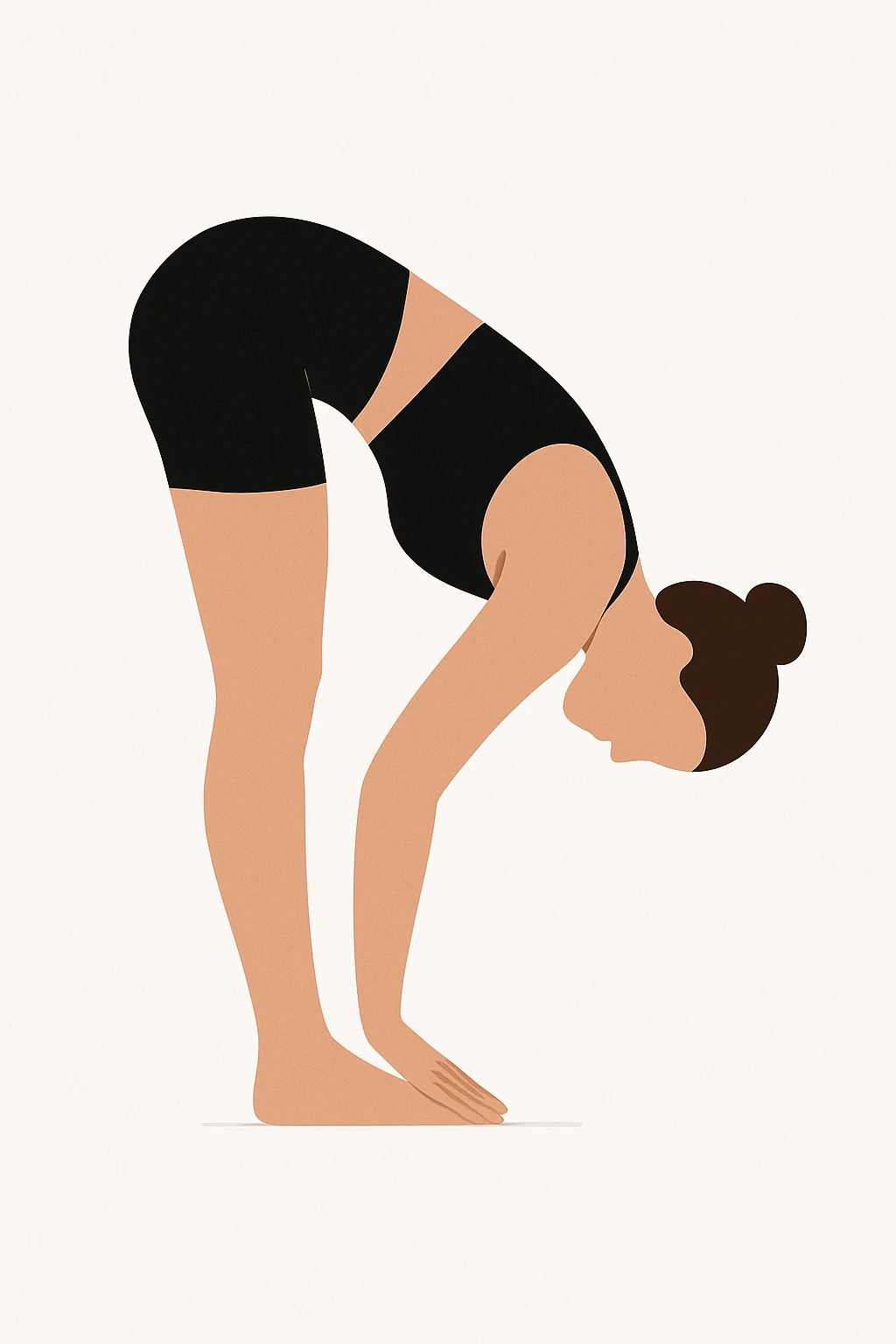 Minimalist flat vector illustration of a woman doing yoga in forward fold pose (Vrischikasana), wearing sportswear (black top and black shorts), brown hair in a bun, clean white background, no face details, elegant style emoji