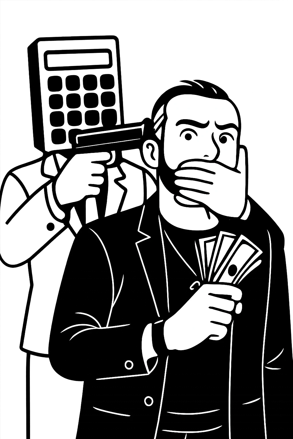 Используя такую стилистику и точно такого же героя, сгенерируй картинку. На ней позади героя стоит фуруга, у которой вместо головы калькулятор, она приставила к виску героя пистолет, а другой рукой закрывает рот героя, прозрачный фон emoji