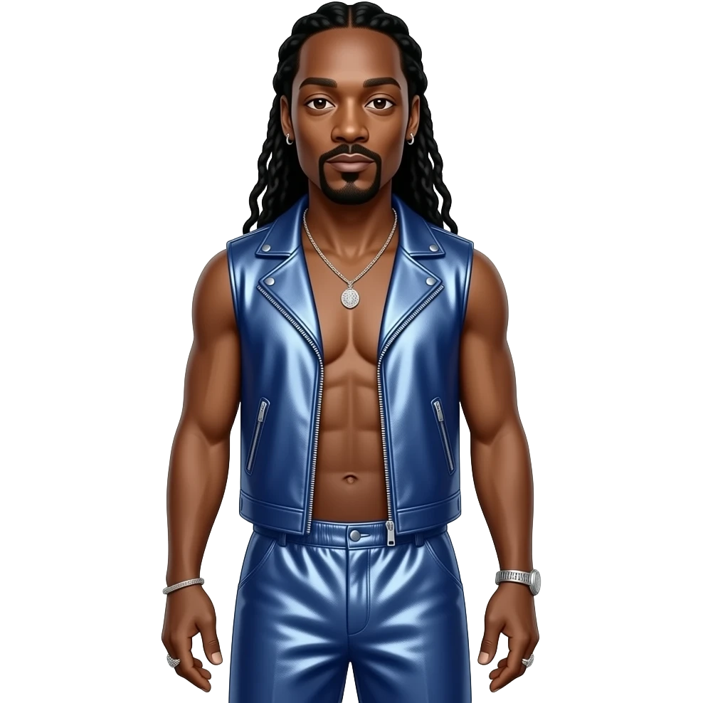 Snoop Dogg with long black hair, brown eyes, indigo metallic vest, periwinkle metallic baggy loose pants, shirtless with necklace and earrings emoji