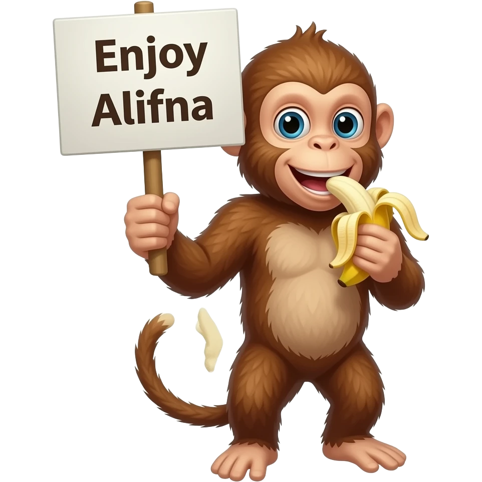 make a monkey with a sign, "Enjoy Alifna" eating a banana emoji