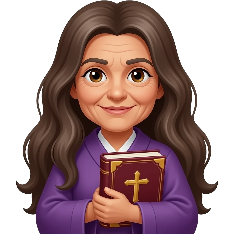 wise old woman with brown grey long hair tan skin purple robe brown eyes with burgundy book that has a cross on it emoji