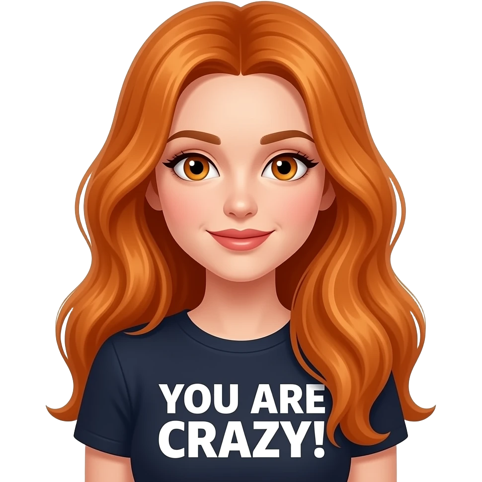 sexy girl with overlong ginger hair and ginger eyes a top with YOU ARE CRAZY! written on it emoji