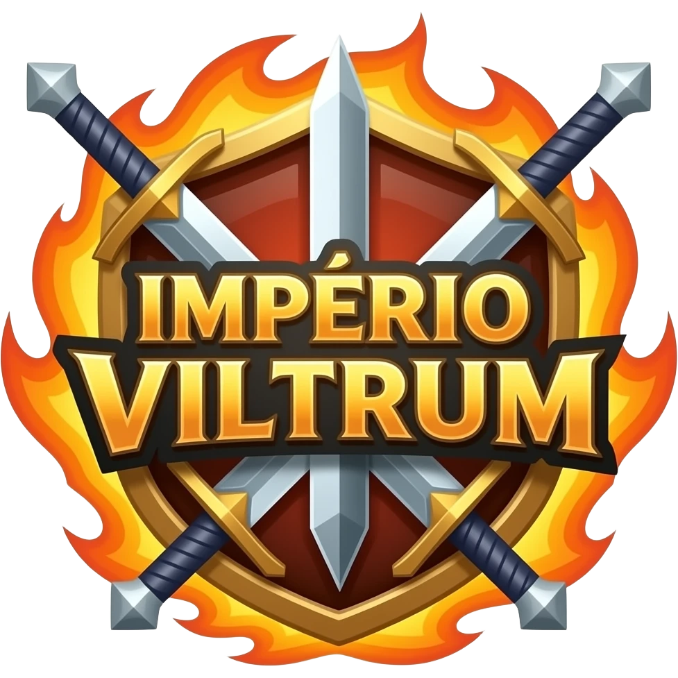 logo para guilda de rpg escrito IMPÉRIO VILTRUM com espadas de magia, ao redor da logo com fogo emoji