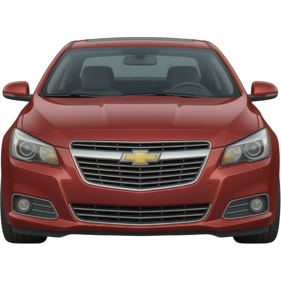 A realistic glossy emoji of a Radiant Red Chevrolet Malibu, subtle charcoal tint windows, silver chrome rims, bright white LED headlights with dynamic lens flare, high-detail, reflective studio lighting, 3D icon style." emoji
