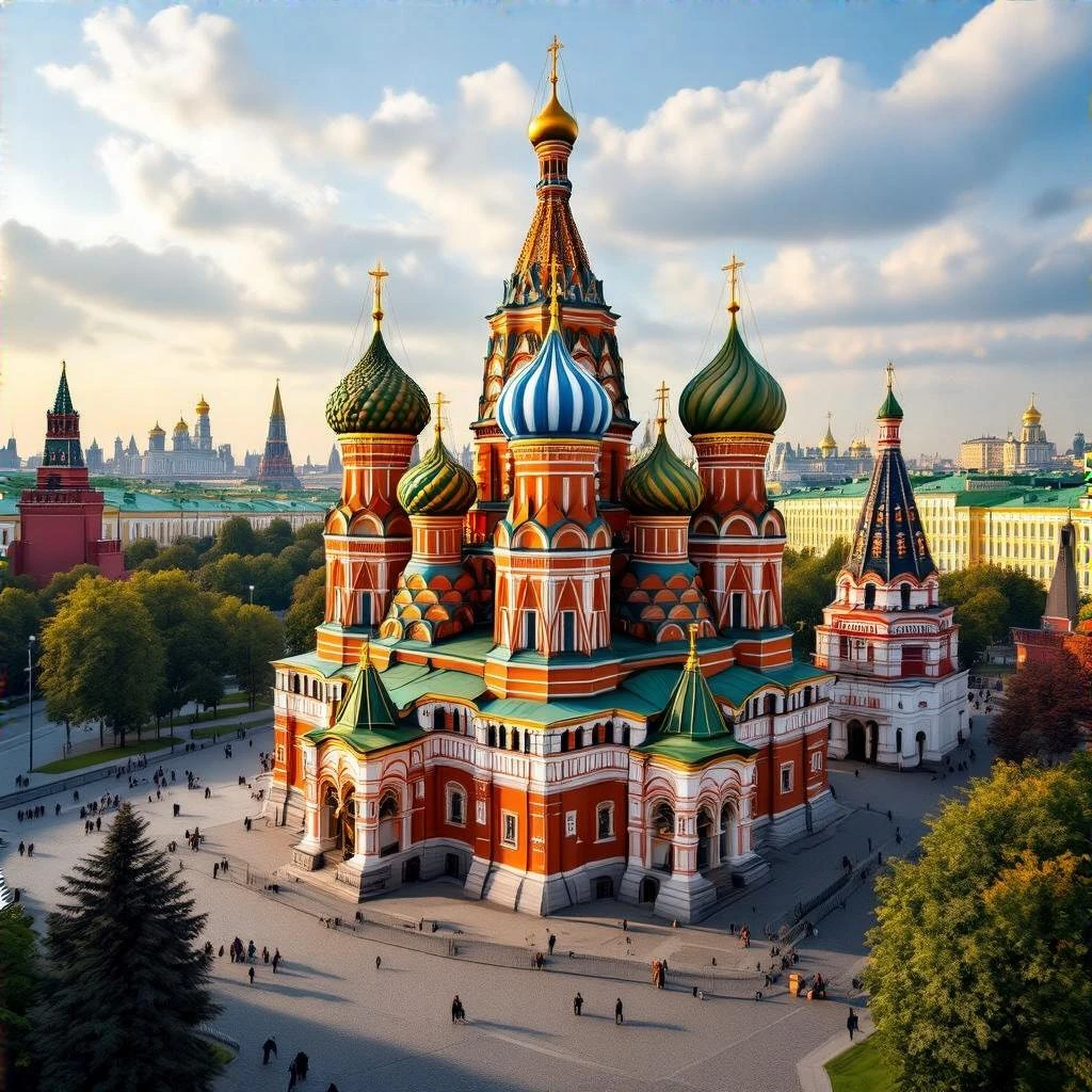 Изометрическая фотореалистичная иллюстрация Собора Василия Блаженного в Москве с яркими куполами-луковицами, упрощённые текстуры с чёткими, но мягкими контурами, баланс между стилизацией и реализмом, эффект миниатюры, без мультяшности, прозрачный фон. emoji