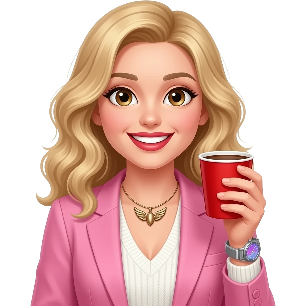 Slightly wavy blonde hair + Big light brown eyes with spark + happy teeth smile +  bronze color angel wing necklace + armwatch with blue&pink hologram dial and silver band + red lipstick + pink blazer + white pullover with open neck + with red coffee cup emoji