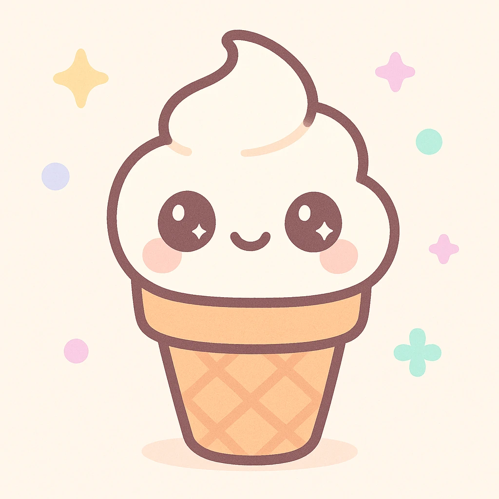 vanilla ice cream cone Marvi style, kawaii style, textured cone, creamy ice cream, anime eyes, light background emoji
