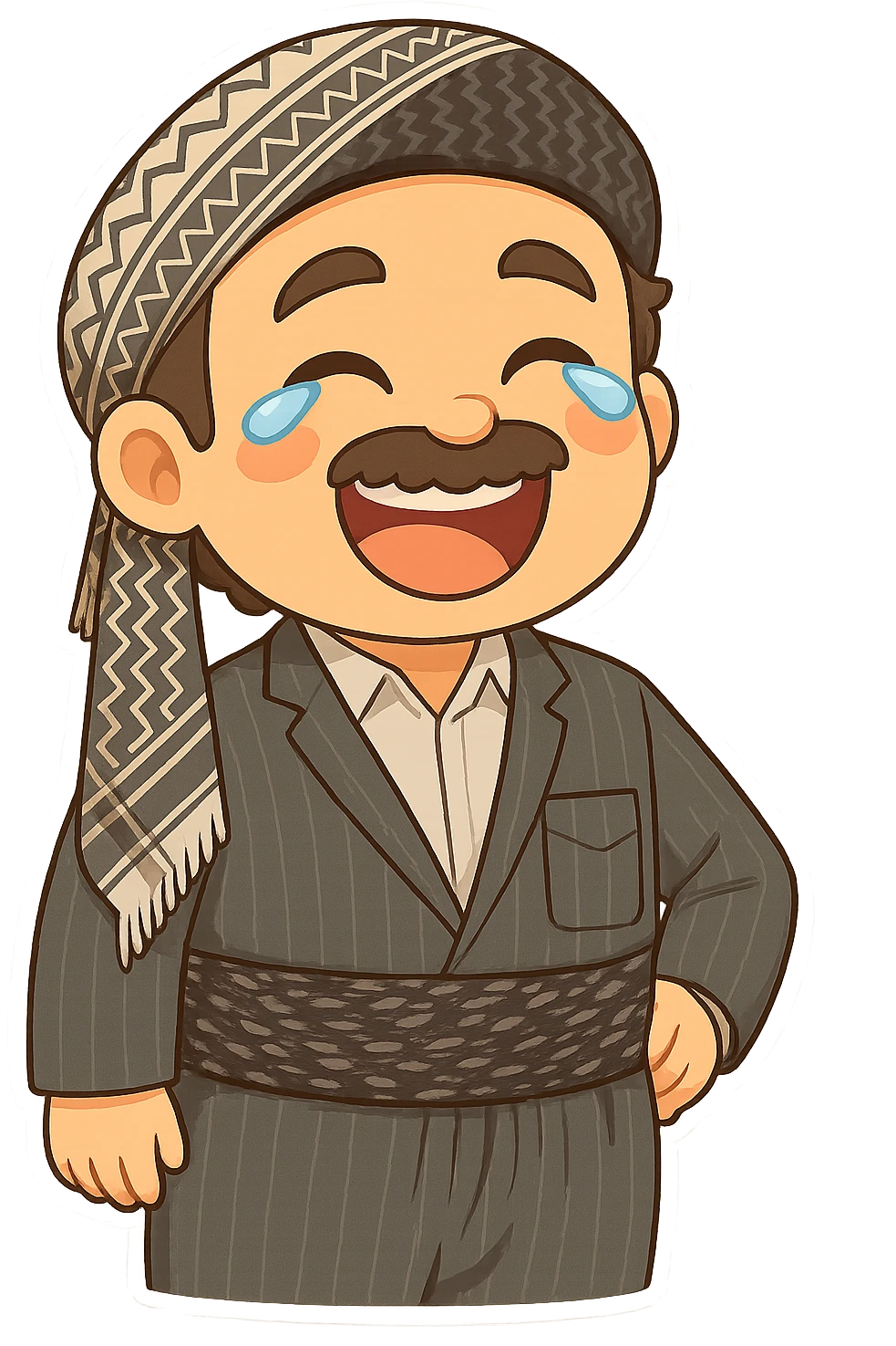 Cartoon sticker of a Kurdish man with the same clothes and scarf as the reference image, no changes to clothes or scarf, face with a big smile and tears of joy, colorful and cheerful, no text, suitable for WhatsApp and Instagram, transparent background. emoji