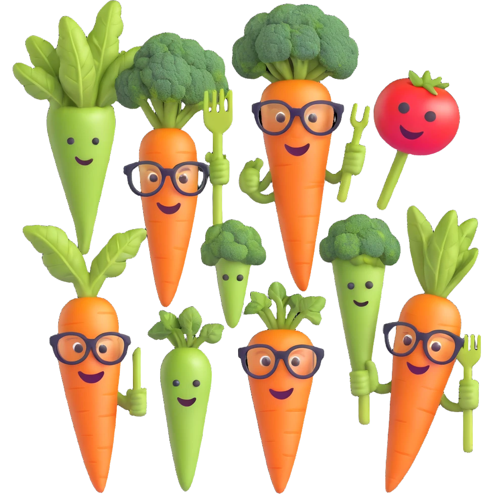 funny icon for archived groceries, group of old vegetables carrot broccoli tomato with canes and glasses, playful faces, 3D emoji style, white background emoji