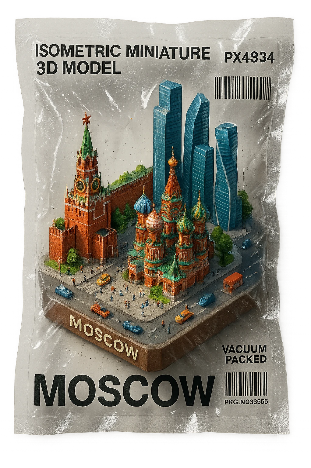Изометричная миниатюрная 3D модель Москвы на подставке - фотореалистичный Кремль, собор Василия Блаженного, фотореалистичный Башни Москва-Сити, аккуратная детализация, яркие цвета, мультяшный реализм, гуляют люди и современный автотранспорт и метро, компактная композиция, вид сверху в изометрии emoji