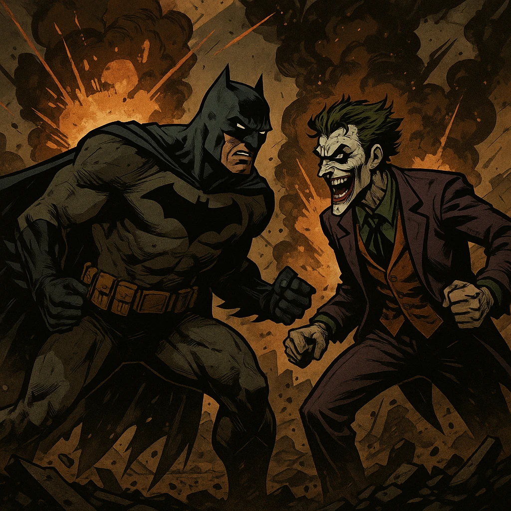 vector art of batman and joker, battleground background 
 emoji