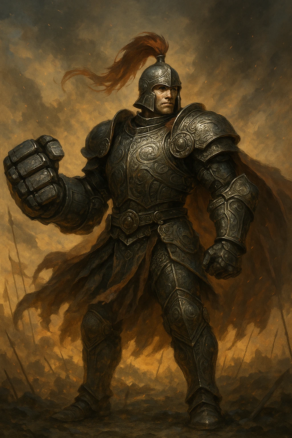 Alexandr Iron Fist, armored warrior with an iron fist, bold stance, fantasy illustration emoji