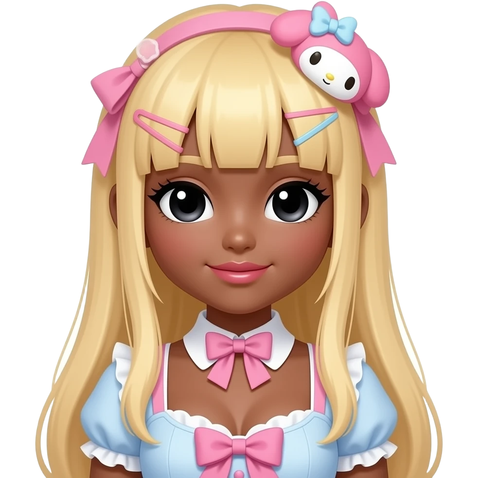 Gyaru makeup, my melody hairclip, cutecore, doll eyes, Doll, big chest, dark brown skin, with straig htened long blonde hair, black cute eyes, cute lips with Gyaru outfit emoji