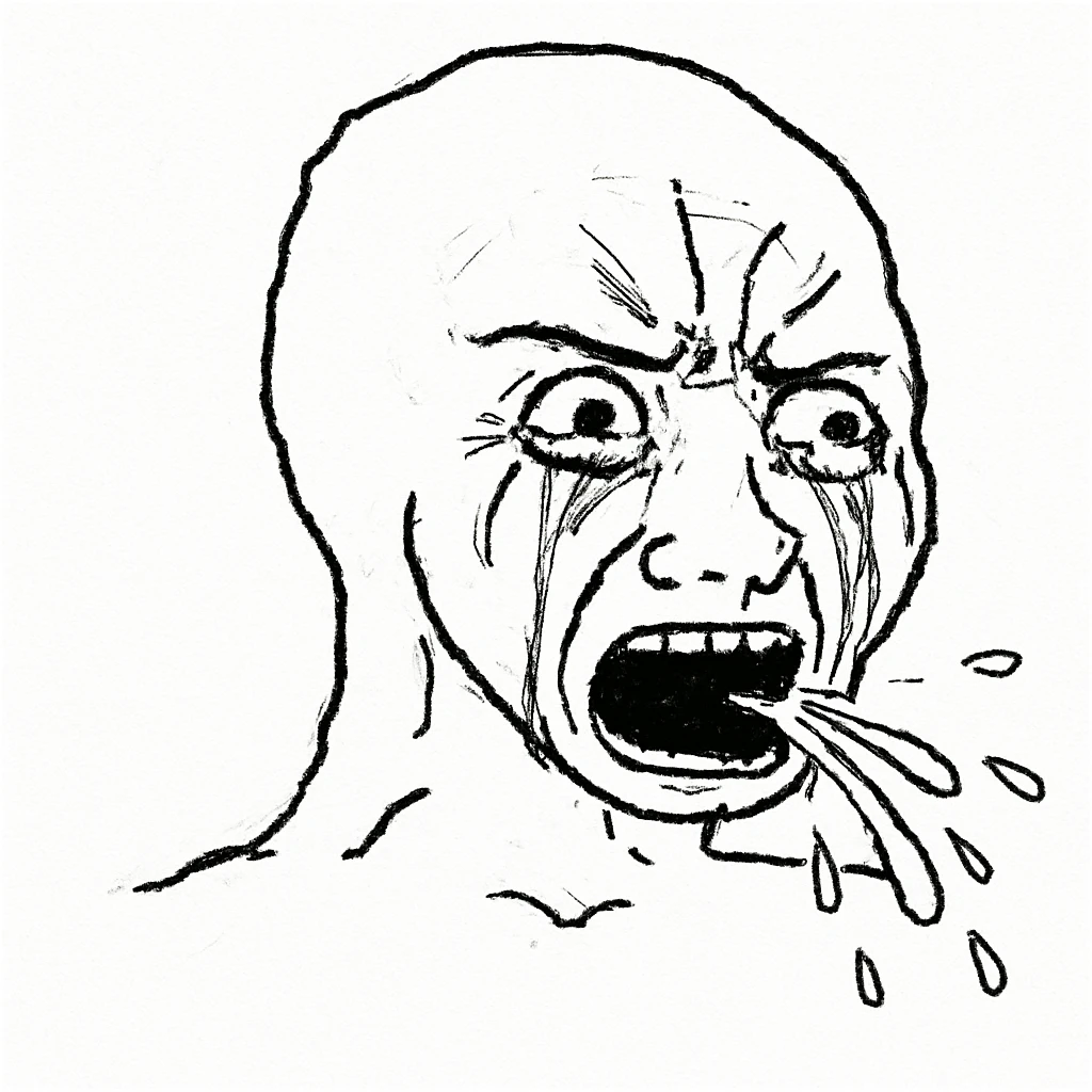 哭得像喷泉：
"角色眼睛泪水满盈，嘴巴大张着，眼泪像喷泉一样喷出来，表情非常夸张，眼睛瞪得大大的，完全无法控制情绪 emoji