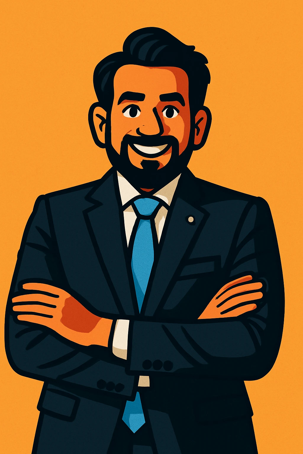 Turn this man in a suit and tie into a vibrant toon style illustration with bold colors, energetic expression, and simple background. emoji